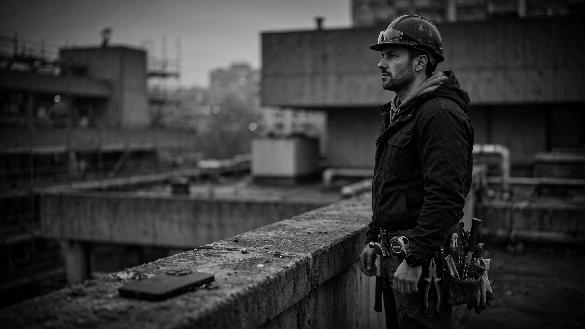 Contractor on a rooftop job site at dusk, tools on his belt, phone resting on the ledge