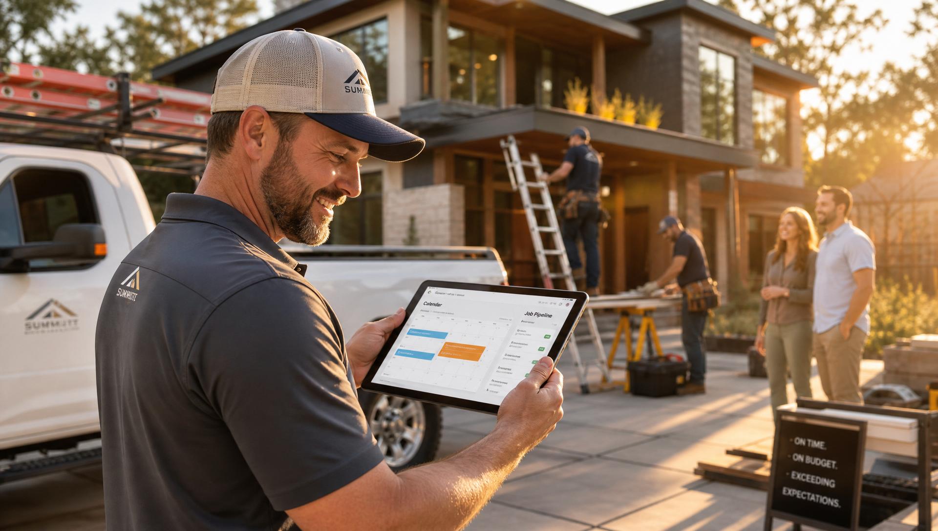 Summit contractor checking the live job calendar and pipeline on a tablet while his crew works the site